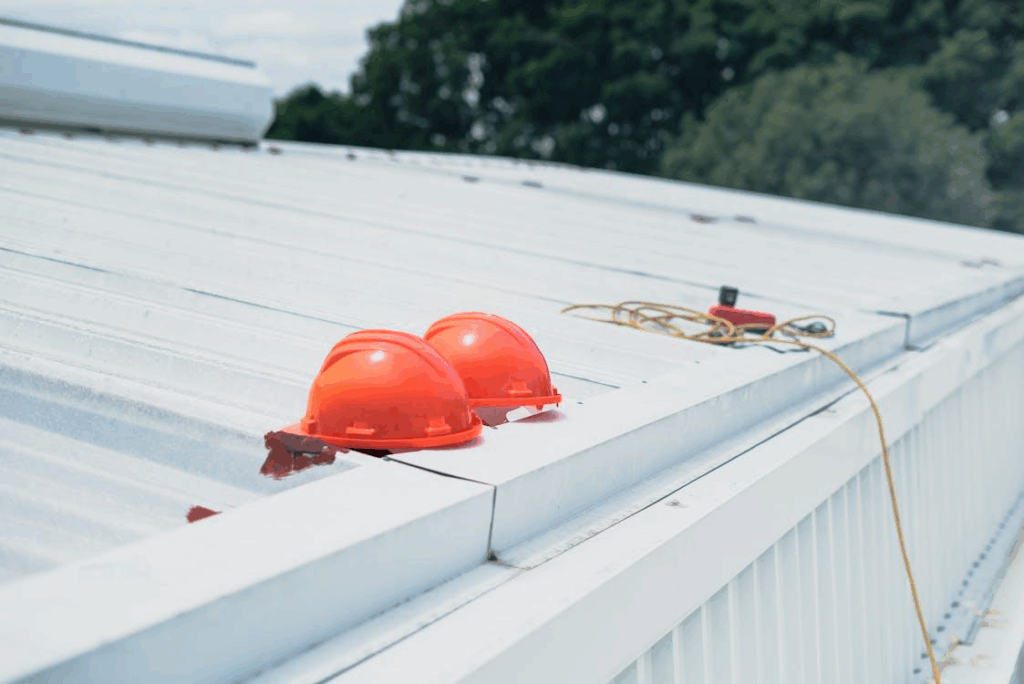 A pair of red hardhats on a metal roof.