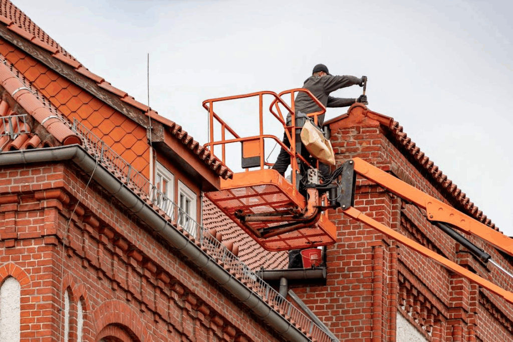Roofer inspecting roof damage on a red brick building