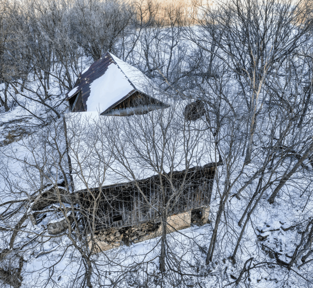 a property’s roof and surroundings covered in snow