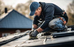A person fixing a roof surface.