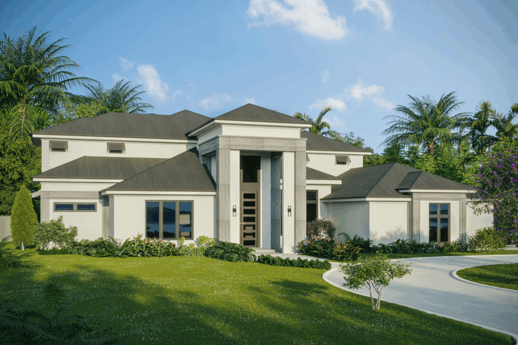 a neat property with a dark shingle roof