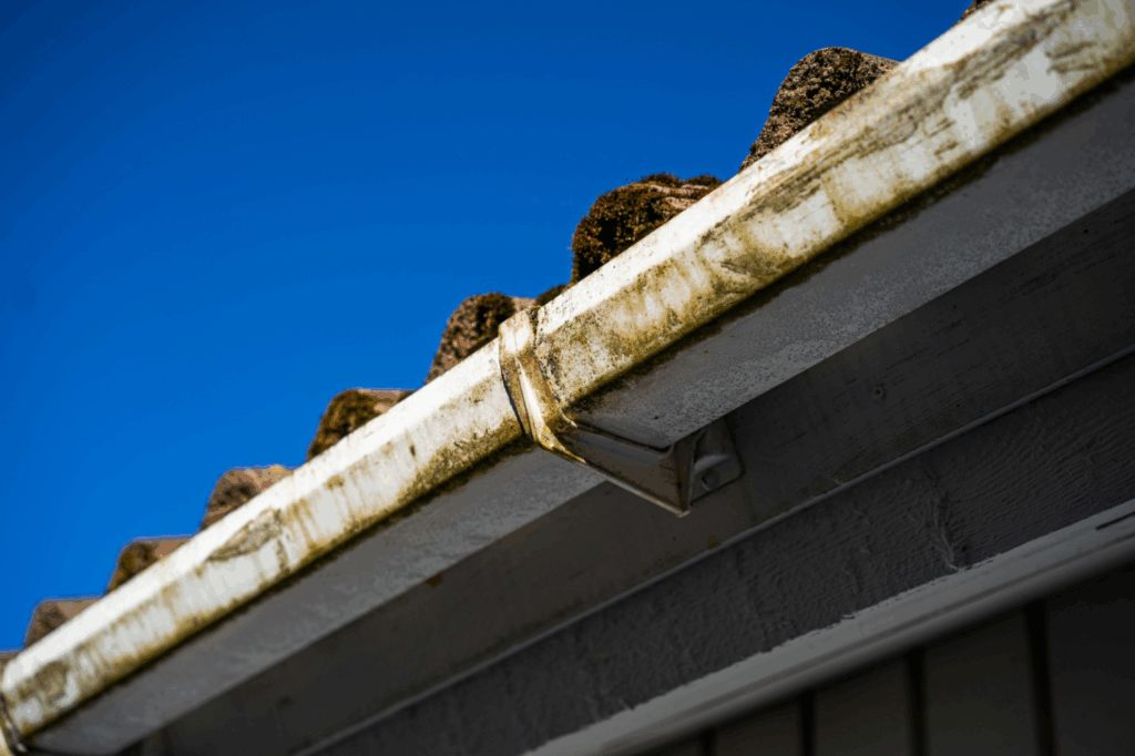an old gutter covered in green dirt and rust