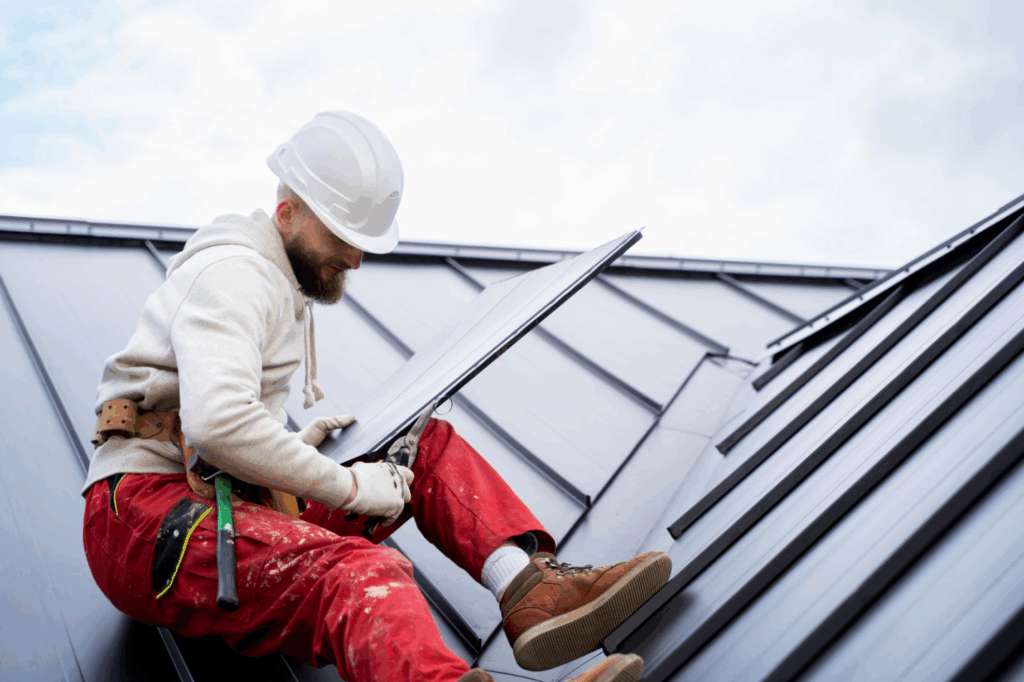 a roofing contractor working on a metal roof