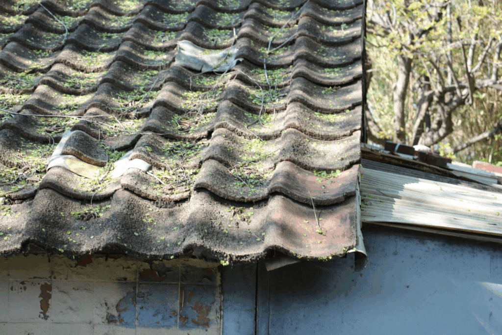 an old shingle roof covered in dirt and plant growth