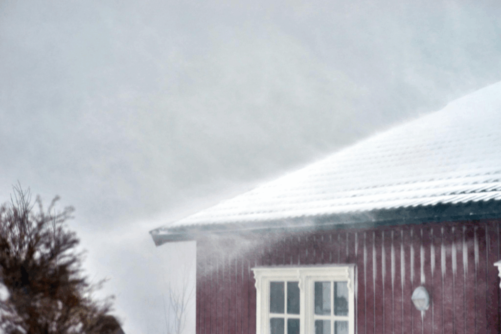 a roof covered in snow during a storm