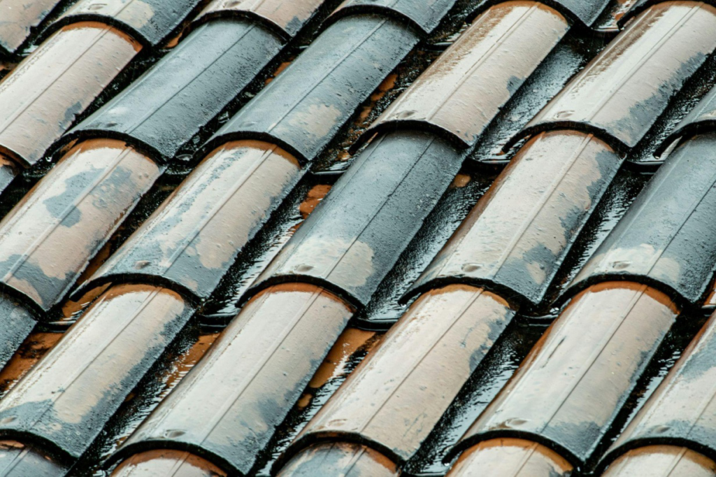 close-up of wet roof tiles after a storm
